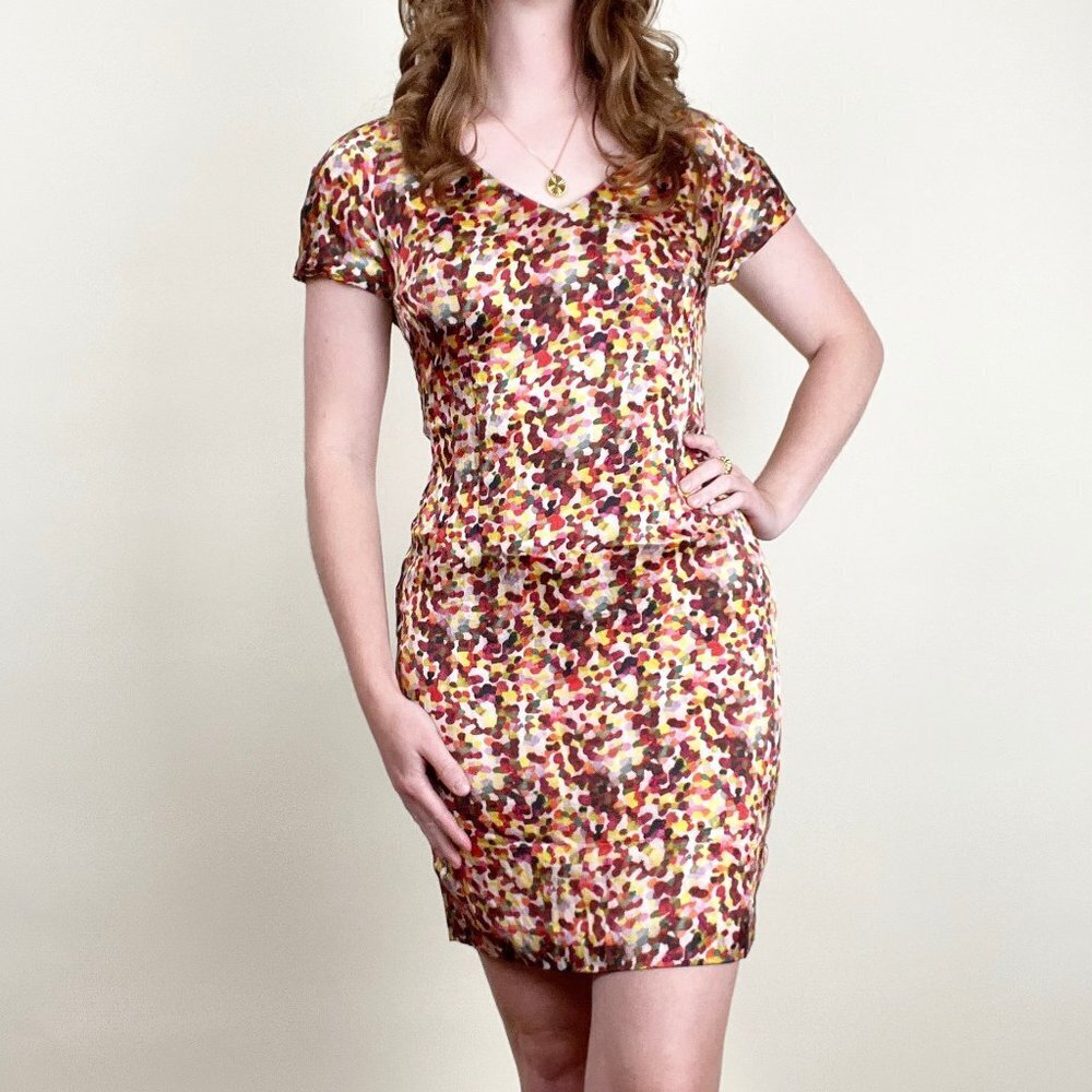 Vintage 100% Silk Kaleidoscope Multicolor Short Sleeve Mini Fitted Sheath Dress